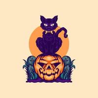 ilustração de halloween de gato diabo e abóbora vetor