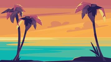 palmeiras e oceano ao pôr do sol. vetor