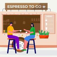 festival de comida de rua, pessoas comprando café para viagem em caminhão, veículo. cafeteria móvel, café sobre rodas. personagens sentados à mesa no parque da cidade, data do conceito vetorial vetor