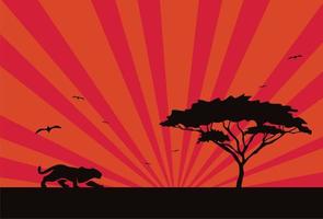 uma bela paisagem de um safári na África, a silhueta é uma onça, leopardo, chita ao pôr do sol. ilustração vetorial