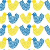 padrão sem emenda ucraniano de vetor com pássaro engraçado de galinhas amarelas e azuis sobre fundo branco. ilustração para design, bebê têxtil e impressão