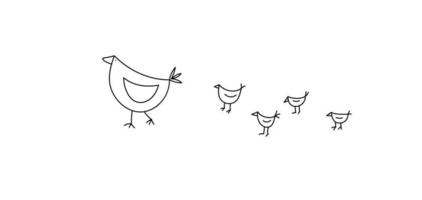 vector monoline pássaro bonito galinha com galinhas. linha arte contorno logotipo ícone sinal símbolo conceito de design. ilustração de estilo escandinavo de crianças
