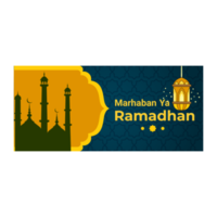 banner de Ramadã ornamentado azul e amarelo com mesquita vetor