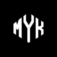 design de logotipo de carta myk com forma de polígono. polígono myk e design de logotipo em forma de cubo. modelo de logotipo de vetor hexágono myk cores brancas e pretas. myk monograma, logotipo de negócios e imóveis.