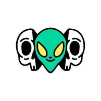 duas metades do rosto de caveira com alienígena dentro. ilustração para camiseta, pôster, logotipo, adesivo ou mercadoria de vestuário.