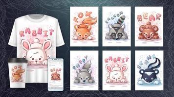 animais de conjunto adorável de personagem de desenho animado, ideia de zoológico bonito para camiseta impressa, pôster e envelope infantil, cartão postal. animal de estilo bonito desenhado à mão vetor