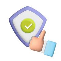 escudo seguro de vetor 3d com ícone de gesto com a mão