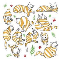 conjunto de gatos listrados engraçados, coleção de animais de estimação dos desenhos animados, em diferentes ângulos e poses, doodle vetor