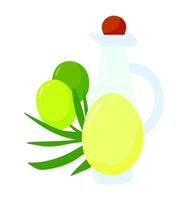 azeitonas verdes e ilustração de desenhos animados de garrafa de azeite isolado no fundo branco. conceito de comida saudável orgânica fresca colorida de vetor. elemento de design de marca de logotipo. frasco de vidro de óleo. vetor
