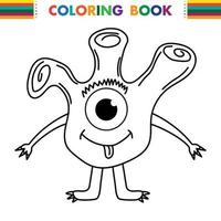 monstro alienígena engraçado e fofo com três olhos para crianças. criatura imaginária para crianças livro de colorir, desenho de fantasia de contorno preto e branco para páginas para colorir. vetor
