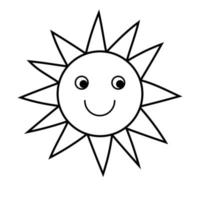 ilustração em vetor de um sol sorridente. desenho animado estilo doodle desenhado à mão. para design de tecidos, materiais educativos para crianças, cartões postais com o dia do sol