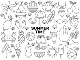 grande conjunto de itens de verão diferentes em estilo doodle preto e branco isolado no fundo branco. ilustração vetorial doodle. vetor