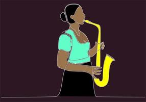 mulher de linha contínua soprando instrumento de saxofone jazz estilo simples ilustração vetorial de estilo de música desenhada à mão vetor