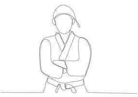 desenho de linha única de jovem karateca desportiva em uniforme de luta com cinto exercitando artes marciais na ilustração vetorial de ginásio. conceito de estilo de vida esportivo saudável. desenho de linha contínua moderno vetor