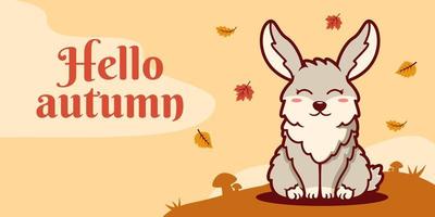 modelo de banner de mídia social de outono desenhado à mão com ilustração de coelho vetor