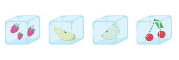 cubo de gelo de frutas conjunto isolado na baga branca, congelada para coquetel de verão exótico, ilustração vetorial. frutas suculentas em cubos de gelo, cereja, maçã e morango.