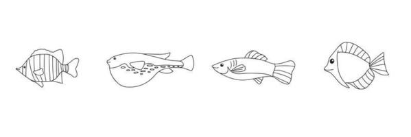 frutos do mar. ilustração de esboço desenhado de mão de peixes diferentes. elementos de design de frutos do mar. menu de peixes de frutos do mar. ilustração de tinta. gravura de peixe isolado no fundo branco vetor