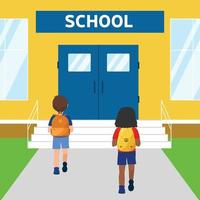 um menino e uma menina vão para a escola. vista traseira vetor