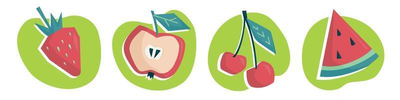 frutas e bagas de verão. maçã, vrbuz, cereja, morango. imagem vetorial. vetor