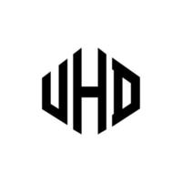 design de logotipo de letra uhd com forma de polígono. design de logotipo em forma de polígono e cubo uhd. modelo de logotipo de vetor hexágono uhd cores brancas e pretas. uhd monograma, logotipo de negócios e imóveis.