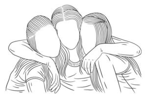 mulheres felizes grupo garota melhor amiga arte de linha de amor ilustração de estilo desenhado à mão vetor