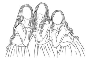 mulheres felizes grupo garota melhor amiga arte de linha de amor ilustração de estilo desenhado à mão vetor