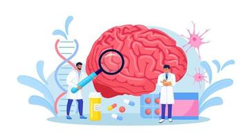 cientista estuda o cérebro humano e a psicologia. personagem médico neurologista examinar enorme órgão e diagnóstico de tratamento de pílulas controladas. diagnóstico de doenças neurológicas. tratamento de dor de cabeça, enxaqueca. vetor