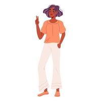 mulher moderna em roupas casuais de verão. mulher elegante vestindo roupas de moda da moda. modelo com calça flare solta, tênis e chapéu. ilustração vetorial plana vetor