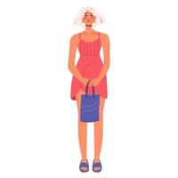 mulher moderna vestindo bolsa e roupas de moda verão. mulher loira com vestido elegante, chinelos. look casual moderno. ilustrações vetoriais planas vetor