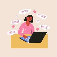 cyber bullying e conceitos de abuso online. chateado. mulher de vergonha recebe mensagens de haters e não gosta nas mídias sociais. ilustração vetorial plana de problemas de internet, vítima dos meios de comunicação de massa. vetor