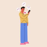 cyber bullying e conceitos de abuso online. chateado. vergonha homens pegam mensagens de haters e não gostam nas redes sociais. ilustração plana vrctor de problemas de internet, vítima dos meios de comunicação de massa. vetor