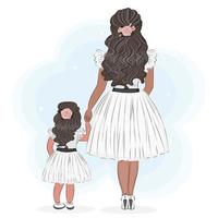 mãe e filho, filha andando com a mãe, ilustração fofa do amor de mãe, ilustração vetorial da mãe, cartão de felicitações, impressão têxtil vetor