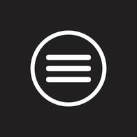 ícone de arte de linha de barra de menu de hambúrguer de vetor branco eps10 ou logotipo em círculo arredondado grosso isolado em fundo preto