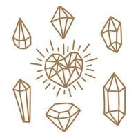 bruxa sagrada e símbolos místicos em vetor. um conjunto de cristais, formas lineares de poliedros desenhados à mão. vetor
