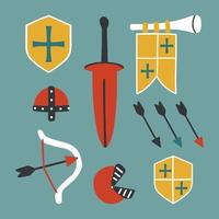 capacetes de elementos medievais, escudos, arcos e flechas, espada, chifre. vetor