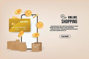 fundo de compras on-line de vetor. cartão de crédito e smartphone. conceito de aplicativo de compras móvel.