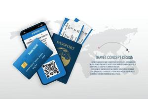 férias de viagem de vetor. bilhete de avião de cartão de embarque, passaporte, telefone inteligente e cartão de crédito. vetor