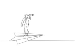 ilustração do gerente voando no avião de papel. visionário de negócios e ilustração de oportunidade de investimento. estilo de arte de uma linha vetor