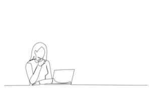 desenho de jovem empresária asiática está feliz em trabalhar no escritório moderno usando um tablet. arte de linha contínua única vetor