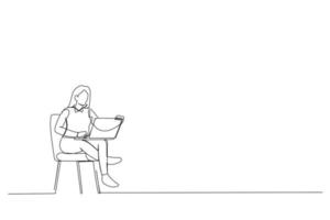 desenho animado de jovem usando laptop em casa, espaço para arte de linha única de texto vetor