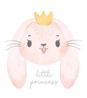 lindo sorriso feliz bebê coelho coelho cabeça usando coroa, princesinha, aquarela animal de berçário de animais selvagens vetor desenhado à mão