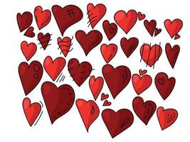 conjunto de corações vermelhos doodle com contorno preto, símbolos de amor para o design do dia dos namorados vetor