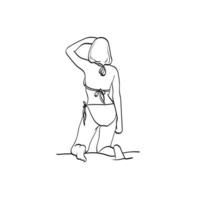 arte de linha vista traseira de uma mulher em um biquíni sentado ilustração vetorial desenhada à mão isolada no fundo branco vetor