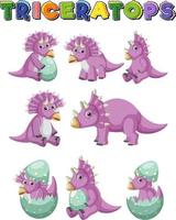 coleção de dinossauros triceratops roxos diferentes vetor
