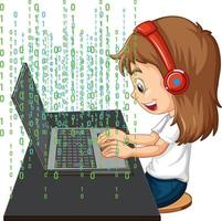 uma garota usando laptop com código binário vetor