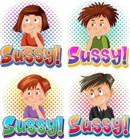 estilo de quadrinhos de banner de palavra de texto sussy com expressão de personagem de desenho animado vetor