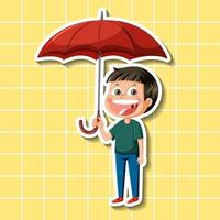 personagem de desenho animado de menino bonito segurando o estilo de adesivo de guarda-chuva vetor