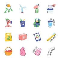 pacote de adesivos de doodle de reciclagem ecológica vetor