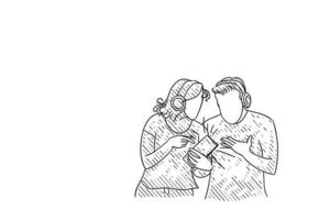 esboço de casal ouvindo videoclipe em um smartphone. desenho de ilustração vetorial vetor