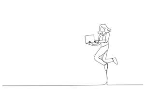 ilustração da senhora de negócios engraçados pular alto segurar as mãos do notebook arte de linha contínua vetor
